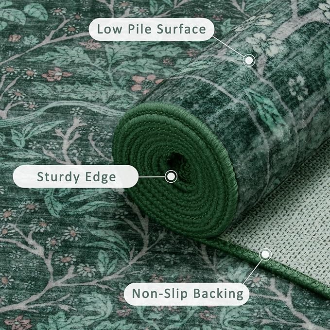 2x3 Washable Entry Rug,Dark Green Front Door Rugs，Non-Slip Vintage Throw Small Carpet for Bedroom Kitchen Classroom Rug Bathroom Children's Room Entrance