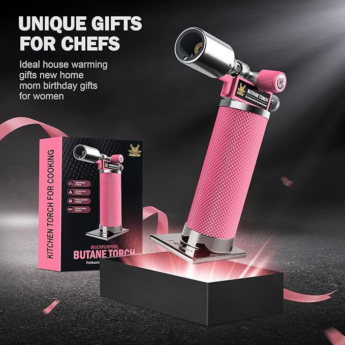 RAVS Butane Torch, Metal Pink Torch Lighter with Adjustable Flame, Food Torch for Baking, BBQ, Desserts, Christmas Stocking Stuffers Gifts for Women, Butane Fuel Not Included