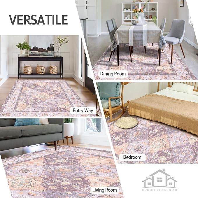 Washable Boho Vintage Purple Area Rugs 8×10 Traditional Mauve Large Carpert for Girls' Room Nursery Living Room Bedroom Dining Room Farmhouse Non-Slip
