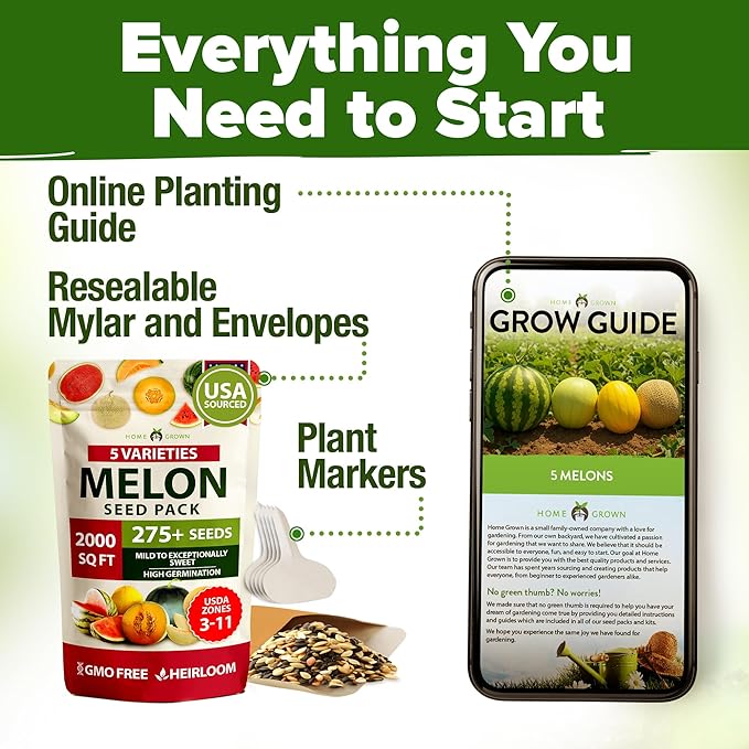 HOME GROWN Melon Seeds Variety Pack 5 Heirloom Vegetable Seeds, Watermelon Cantaloupe Honeydew Sugar Baby & Melon, High Germination for Planting Home Garden Indoors
