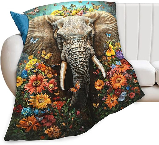 Elephant Blanket Gifts for Girls Boys Soft Warm Plush Elephant Animal Flower Butterfly Throw Blanket Flannel Fleece Fuzzy Blankets for Kids Lover Bed Couch Living Room Decor 60"X50"