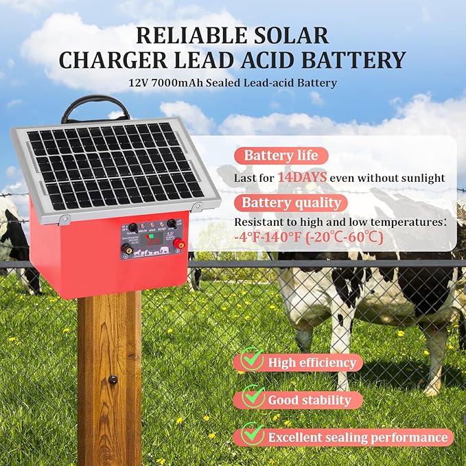 9.5KV Adjustable Output,0.5 Joules Energy Output7.5W Solar Panel, 24H/14D Uninterrupted Power Solar Electric Fence Charger for Livestock,20 Miles Protection Range