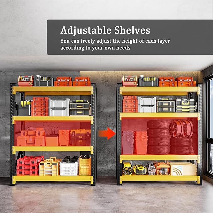 5000LBS Garage Shelving 59" W Garage Shelving Heavy Duty 4-Tier Metal Storage Shelves Adjustable Shelf Unit Storage Rack for Basement Supermarket Warehouse 59" W x 20" D x 78" H Yellow