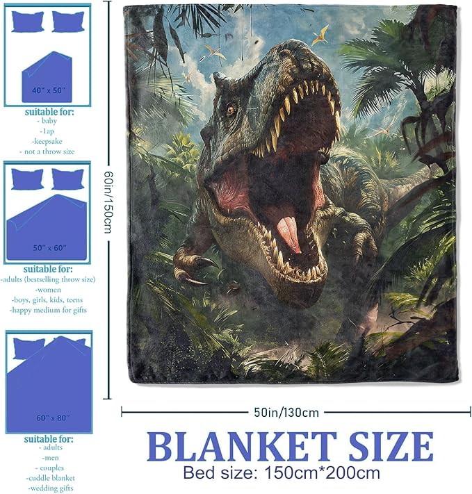 Dinosaur Pattern Throw Blanket 60"x80", Adventure Lover Blankets for Living Room Decor, Soft Flannel Polyester Dinosaur Gifts for Boys Kids