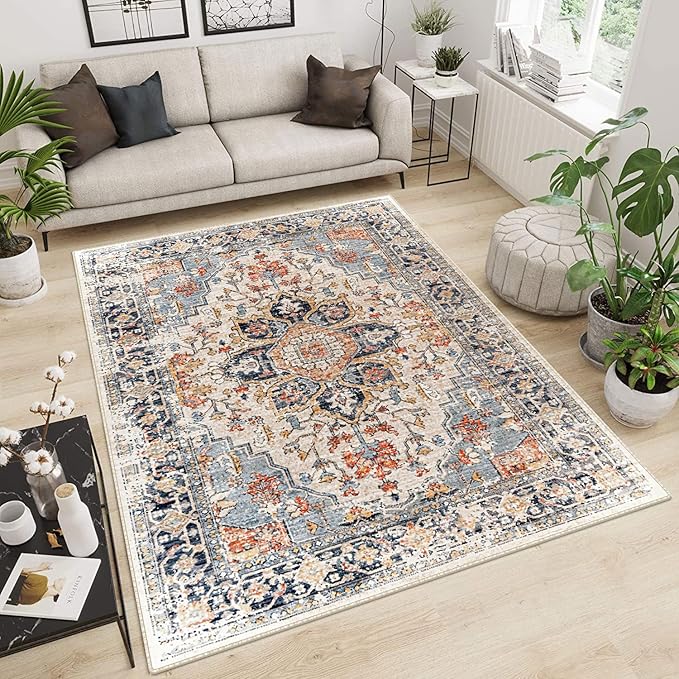 Area Rugs Washable Non-Slip, Floral Vintage Distress Print Pattern Medallion Carpet for Living Room Bedroom Dining Room, Beige Navy Blue Orange Colorful (Blue, 4' x 6')