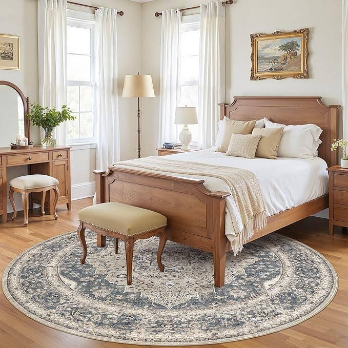 Washable 8 Ft Round Area Rug - Vintage Floral Stain & Fade Resistant Non-Slip Backing Carpet for Living Room, Bedroom, Dining Room, Home Office Floor Decor Large Carpets(Blue/Beige)