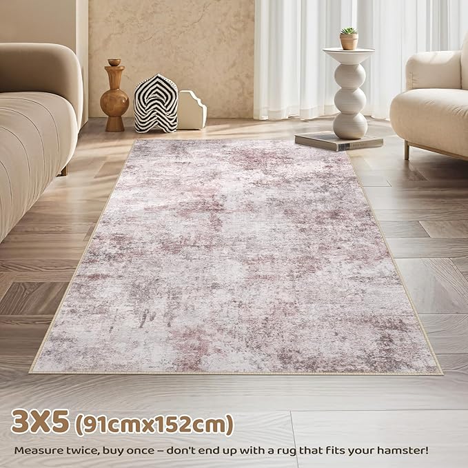 3x5 Area Rug Living Room Rugs - Washable Neutral Modern Abstract Soft Thin Large Rug Indoor Floor No Slip Rug Carpet for Bedroom Under Dining Table Home Office Decor - Pink Grey