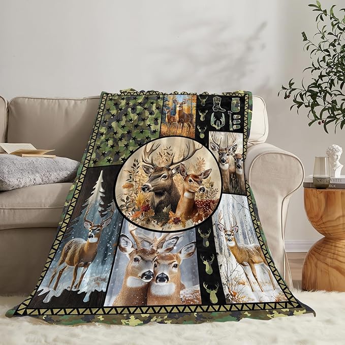 Deer Blanket Ultra Soft Cozy Camo Throw - Fleece Fuzzy Plush Hunting Lovers Decor Gifts for Women Girls Adults - Couch Sofa 50"x40"