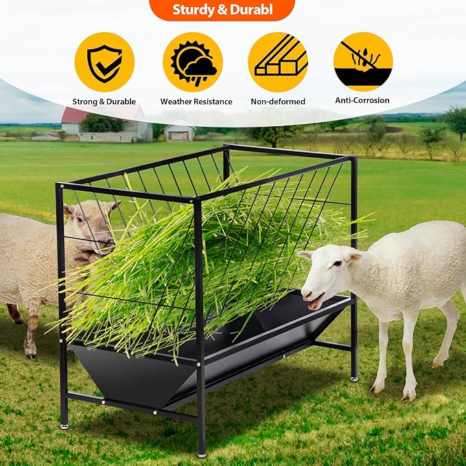 Pasture Hay Feeder 45 Gallon, Heavy-Duty Hay Grain Livestock Feeder with 24 Gallon Feed Pan, Livestock Feeding Trough Quick to Assemble, Feeding Goats, Calves, Cow, Horse for Farms