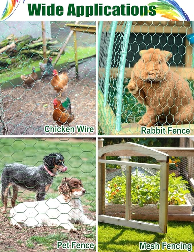 TOYPOPOR Chicken Wire, 16''x 396''/33ft Mesh Roll for Floral Arrangements, Anti-Rust PVC Coated Garden Netting, Rabbit Animal Fence with Cutting Plier, Gloves and Ties for DYI Crafts, Poultry, Garden