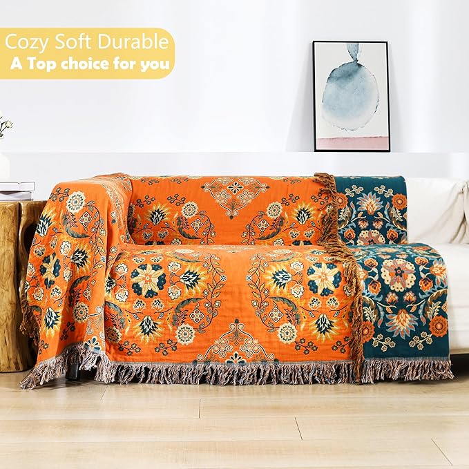 Boho Large Throw Blanket, 100% Organic Muslin Cotton Breathable Soft Bed Throw - Floral Farmhouse Decor Blanket for Sofa Couch Chair and Gift. 80" x 90"- Orange