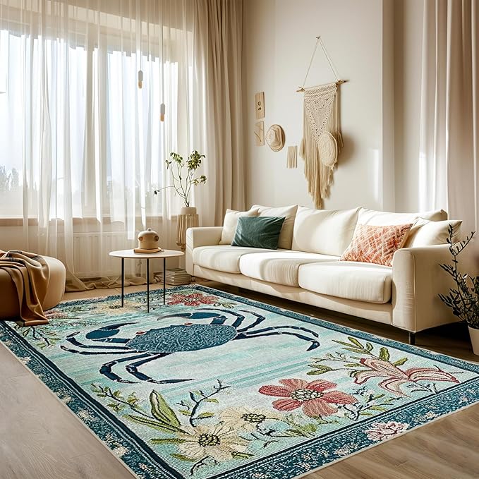 8x10 Crab Area Rugs Boho Teal Rug for Living Room Indoor Soft Non-Slip Thin Large Carpet Floral Flower Rugs for Bedroom Home Decor Under Table Washable Machine