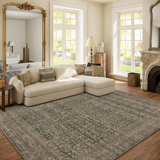 Machine Washable Rugs for Living Room: 6x9 Area Rugs Boho Vintage Rugs Stain Resistant Non Slip Low Pile Soft Lightweight Carpet for Bedroom Kitchen Dining Room Nursery Kids Room Farmhouse