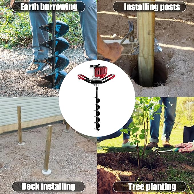 JKCHENPRO 2 Stroke Gas Powered Post Hole Digger, 52CC&1800W Earth Auger Hole Digger with Two Earth Auger Drill Bit 4" / 6" / 8", and Three 10” Extension Rods, Ideal for Farmland, Garden and Plant