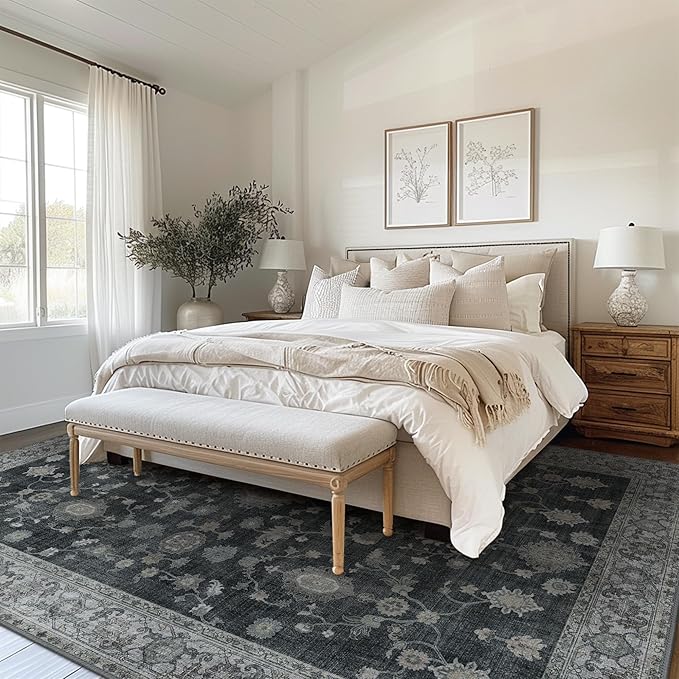 GENIMO Machine Washable 6x9 Area Rugs for Living Room, Non Slip Vintage Rugs, Low Pile Lightweight Chenille Print Rug for Bedroom, Dining Room, Home Office, Charcoal