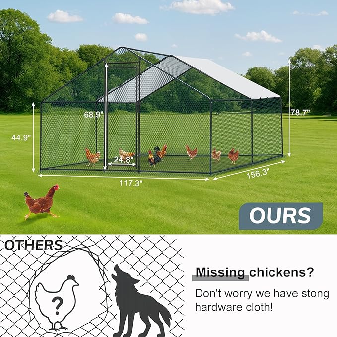 VINGLI Chicken Coop, Large Metal Poultry Cage for Chicken Run, Walk-in Chicken Pen with Waterproof & Anti-UV Cover Outdoor (Black-Spire Roof, 13.1 * 9.8 * 6.5 ft)