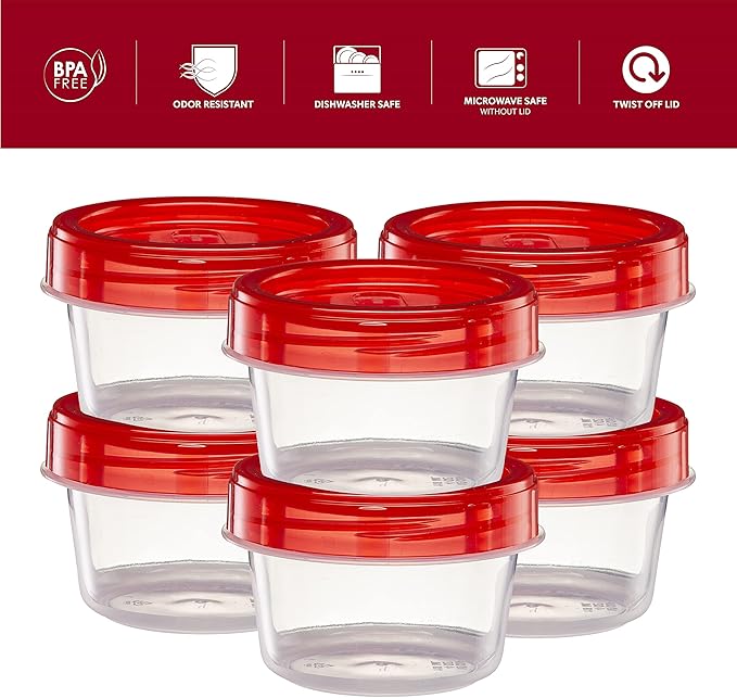 (4 Ounce 20 Pack) Twist cap Containers Clear Bottom With Red Top Screw on Lids Twist Top Food Storage Freezer Containers