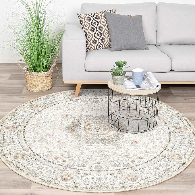 Boho Round Rug 5ft,Washable Circle Area Rugs for Bedroom Living Room,Beige Vintage Bohemian Distressed Oriental Floral Carpet Non Slip