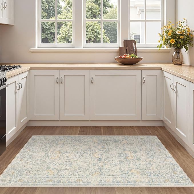 3x5 Area Rug Living Room Rugs - Washable Boho Vintage Floral Large Soft Non Slip Thin Rug Low Pile Carpet for Bedroom Dining Room Kids Playroom Office Decor Indoor- Light Blue
