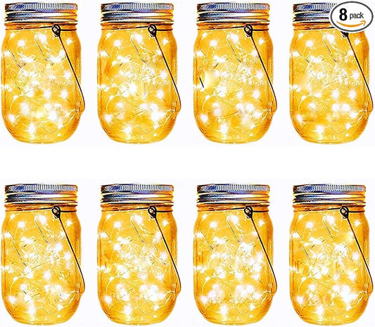 Mason Jar Solar Lights,8 Pack 30 Led Fairy Hanging Jar Lights,Solar Lanterns for Outdoor Patio Party Garden Wedding Christmas Decor Lights(Mason Jars/Handles Included)