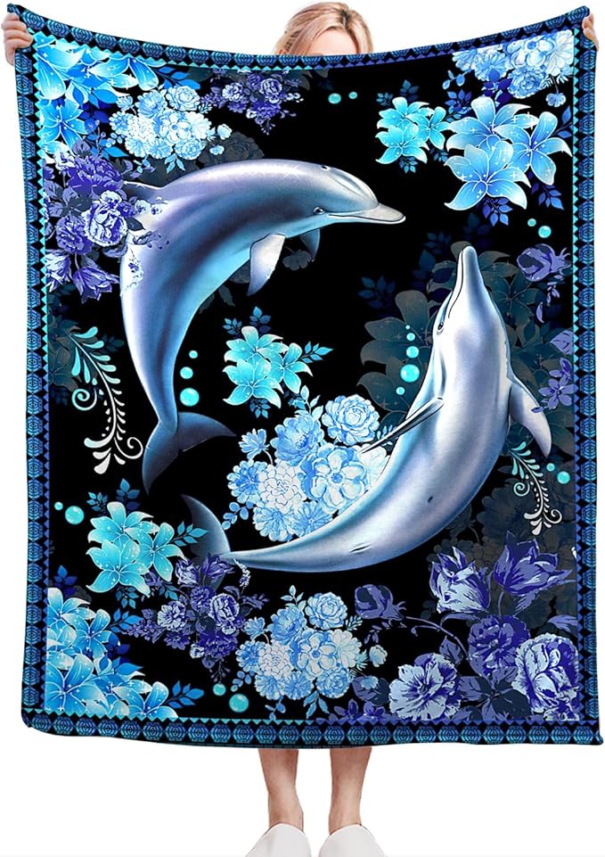 Dolphin Blanket Gifts for Girls Boys Soft Warm Plush Ocean Dolphin Throw Blanket Flannel Fleece Fuzzy Stuff Blanket for Bed Couch Living Room Decor 50"X40"