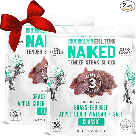 Brooklyn Biltong Carnivore Snack, Air Dried Grass Fed Beef, South African Beef Jerky (2 oz, Pack of 2) - AIP Approved, Paleo, Keto, Gluten Free, Only Salt, Water, and Vinegar, Made in USA - (Naked Classic)