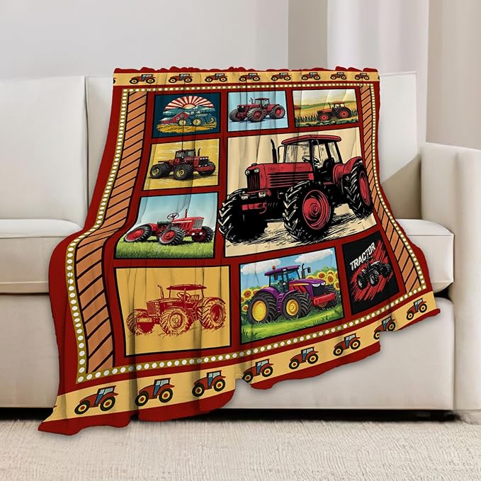 Truck Blanket, Red Trucks Throw Blanket, Farmhouse Tractor Gifts Blankets Stuff Fleece Flannel Plush for Men Boys Women Girls Lovers Adults Soft Bedding Gift for Sofa Bed Office Home Decor 40"X50"
