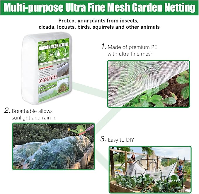 SnugNiture 3 Pack Garden Netting 10x34FT Ultra Fine Mesh Mosquito Netting Plant Covers, White Bird Netting Barrier Greenhouse Row Cover Protect Fruits Flower Vegetables from Birds Deer & Squirrels