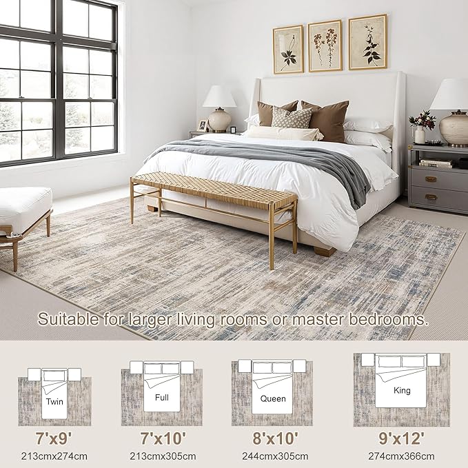 Area Rug for Living Room: 8x10 Washable Neutral Abstract Modern Soft Rugs Non Slip Indoor Floor Stain Resistant Large Carpet for Bedroom Dining Room Office Nursery - Brown
