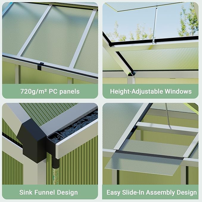 Greenhouse, 6x10 Ft Outdoor Greenhouses, Accessible Green House with Roof Vents and Sliding Doors, Aluminum Frame Polycarbonate Greenhouses, Large Greenhouse for Outdoor Gardens and Backyards, Silver
