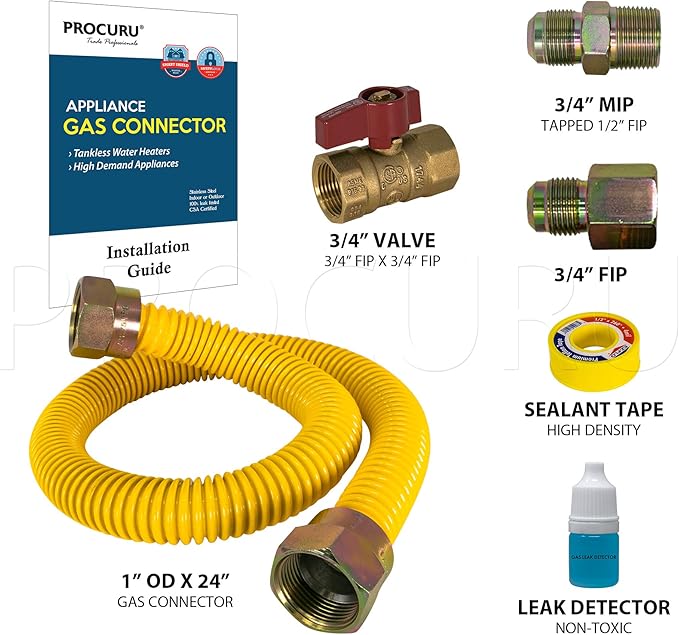 PROCURU 1" OD x 24" (2Ft) x 3/4"MIP x 3/4"FIP Universal Flexible Gas Connector Kit with Gas Valve, Weatherproof MaxFlow Stainless Steel Tubing for Tankless Water Heater (Blue-B1 Series)