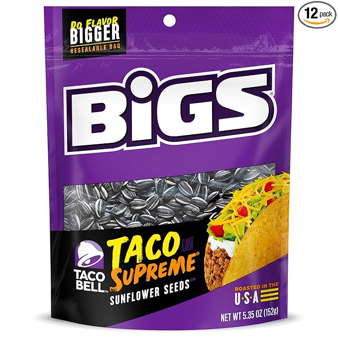 BIGS Sunflower Seeds, Taco Bell Taco Supreme Flavor, Softball Stocking Stuffer, 5.35 oz. (Pack of 12)