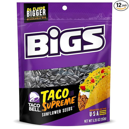 BIGS Sunflower Seeds, Taco Bell Taco Supreme Flavor, Softball Stocking Stuffer, 5.35 oz. (Pack of 12)