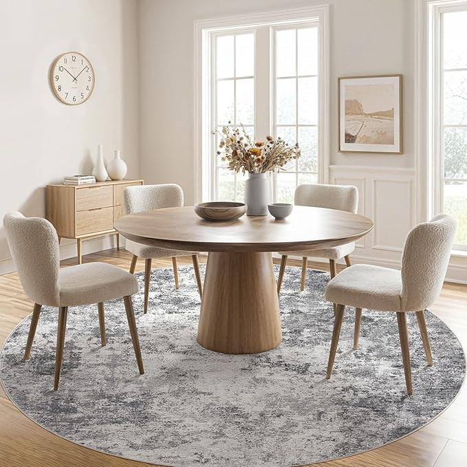 10ft Round Area Rug Living Room Rugs - 10x10 Washable Large Neutral Modern Abstract Soft Thin Rug Indoor Floor No Slip Rug Carpet for Bedroom Under Dining Table Home Office Decor - Grey