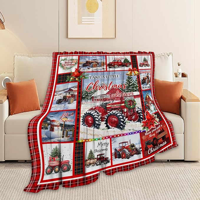 Christmas Blanket, Red Truck Throw Blanket, Winter Snow Gifts Blankets Snowman Stuff Fleece Flannel Plush for Girls Women Lovers Adults Soft Bedding Gift for Sofa Bed Office Decor 60"x50"