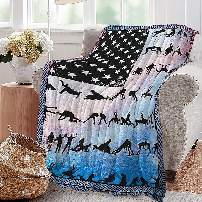 Wrestling Blanket American Flag Decor Throw Blanket Super Soft Flannel Lightweight Fluffy Plush Fuzzy Fleece Sports Blanket Gifts for Wrestler Boys Man Woman Girls Kids Adults for Bed Sofa 40"X50"