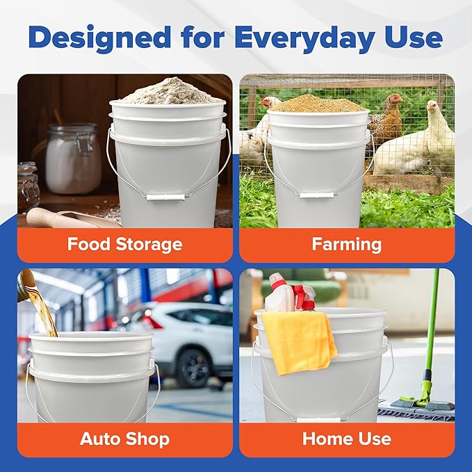 ePackageSupply White 5-Gallon Bucket with Lid | Made in USA | Food Grade | Heavy-Duty Extra Durable Plastic Bucket | Multi-Use Food Grade Buckets with Lids | Easy Stack and Store | BPA Free | 3 Pack