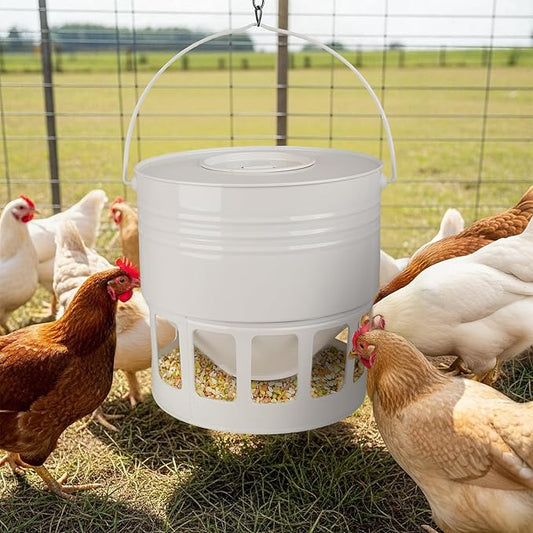 KOL Hanging Chicken Feeder – 20lbs Metal Chicken Feeder, Adjustable Poultry Feeder with 12 Ports, No Installation & Universal Height Design (Jade White)