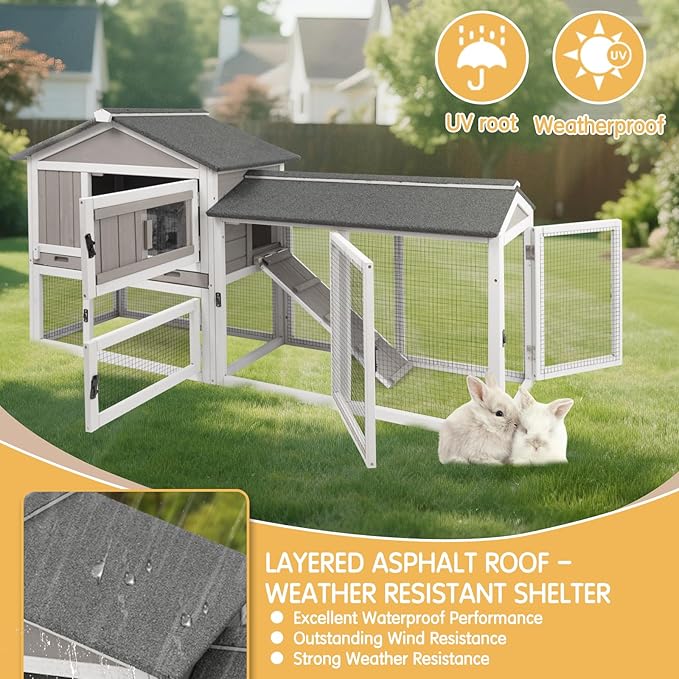 Rabbit Hutch Indoor Outdoor 57 "L Bunny Hutch with Pull Out Tray,2 Story Wooden Rabbit Cage with Asphalt Roof,Guinea Pig Cage with Ventilation Doors,Ramp for Small Animals(Grey)