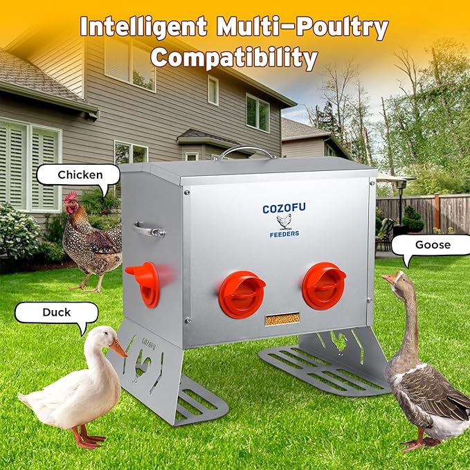40 Pounds Automatic Chicken Feeder 6 Ports Large Gravity Fed Chicken Feeder with Transparent Window & Handle for Chickens Bantams Pheasants Poultry Coop Weatherproof