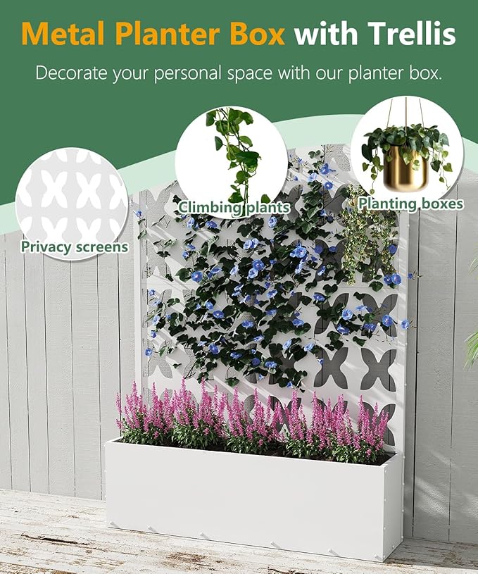 Metal Planter Box with Trellis,70.9"x47.2"x15.7" Raised Garden Bed with Drainage Holes, Privacy Planters for Outdoor Garden Bed for Climbing Plants,Vegetables,and Vines, White-X