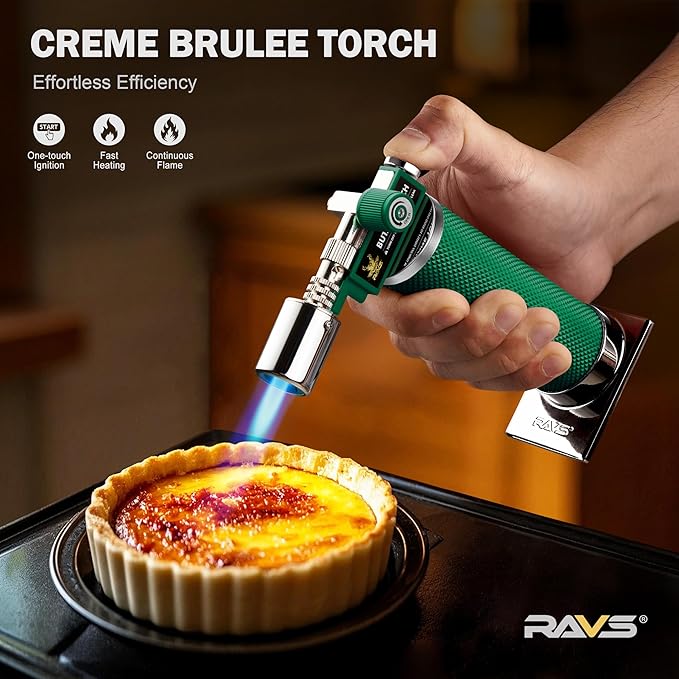 RAVS Butane Torch Lighter, Creme Brulee Torch with Adjustable Flame, Cooking Torch for Baking, BBQ, DIY, Christmas Gifts Stocking Stuffers Gifts for Women, Green, Butane Gas Not Included