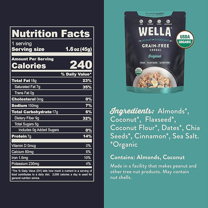 Wella Cereal Oatmeal Alternative, Gluten-Free Breakfast Hot Cereal, Grain-Free Paleo Organic Vegan High Protein Superfood, Plant-Based Non-GMO, Low in Net Carbs, Multi-Serve Bag, Original Flavor (1 Count, 12.8 oz. Bag)