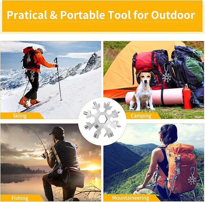 FZENeast Snowflake Multitool, 2 Piece 18-in-1 Stainless Steel Snowflake Standard Multitool, Snowflake Wrench with Key Ring, Carabiner Clip and Gift Bag (Silver)