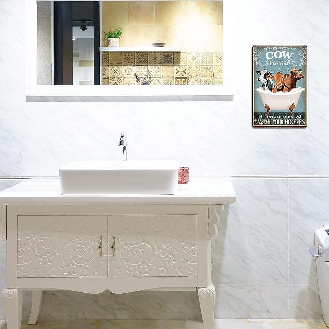 Funny Cow Bathtub Decor - Cow Accessories Farm Decor Signs Wall Art Poster Retro Bar Home Bathroom Wall Decoration 8x12 Inch
