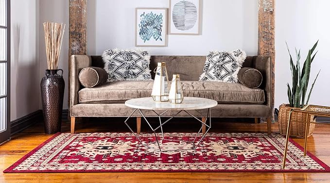 Unique Loom Taftan Collection Border Geometric Tribal Inspired Design Area Rug (6' 0 x 9' 0 Rectangular, Red/ Gold)