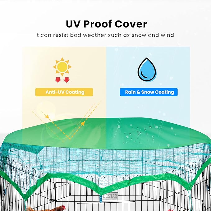 DEStar 8 Panel Foldable Outdoor Backyard Metal Coop Chicken Cage Enclosure Duck Rabbit Cat Crate Playpen Exercise Pen with Weather Proof Cover