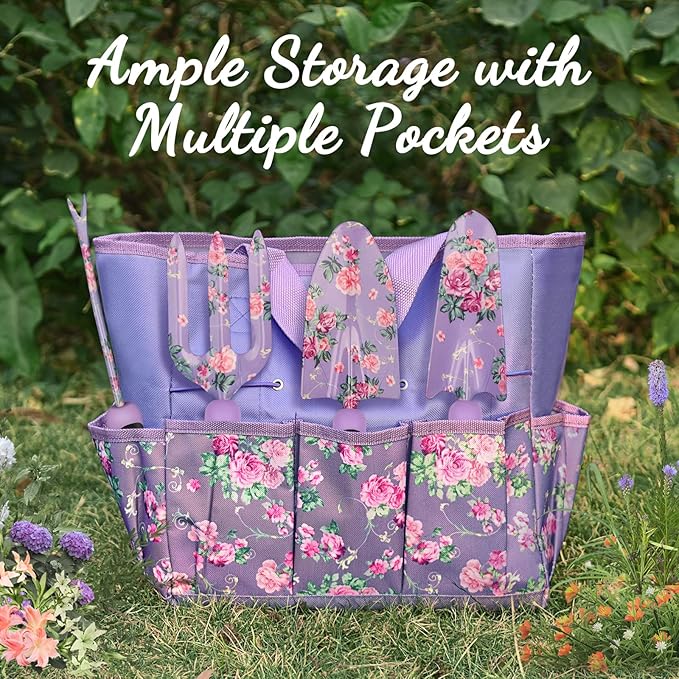 Gardening Tools, WisaKey 10 Piece Heavy Duty Purple Garden Tool Set Durable Garden Supplies Organizer Bag Garden Hand Tools Gardening for Women Grandmother Granny White Elephant Gifts