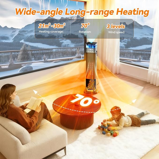 Tower Space Heater, Portable Electric Space Heaters for Indoor Use with Thermostat,Spray Humidification,3D Simulated Charcoal Flame,Remote,2000W PTC Ceramic Fast Safe Heating for Bedroom Home Office
