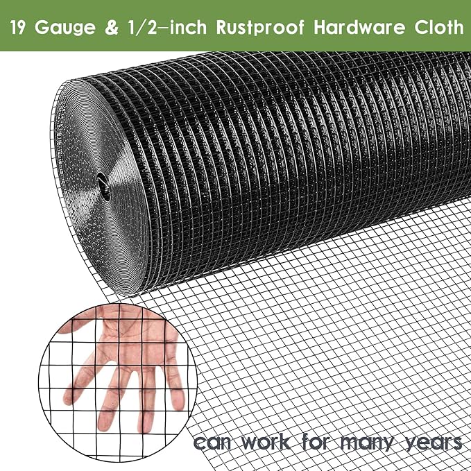 Tongmo Black Hardware Cloth, 1/2 inch 24'' x 100'Chicken Wire Fence, 19 Gauge Vinyl Coated Welded Cage Wire Mesh Roll Supports Poultry Netting Cage Garden Fence